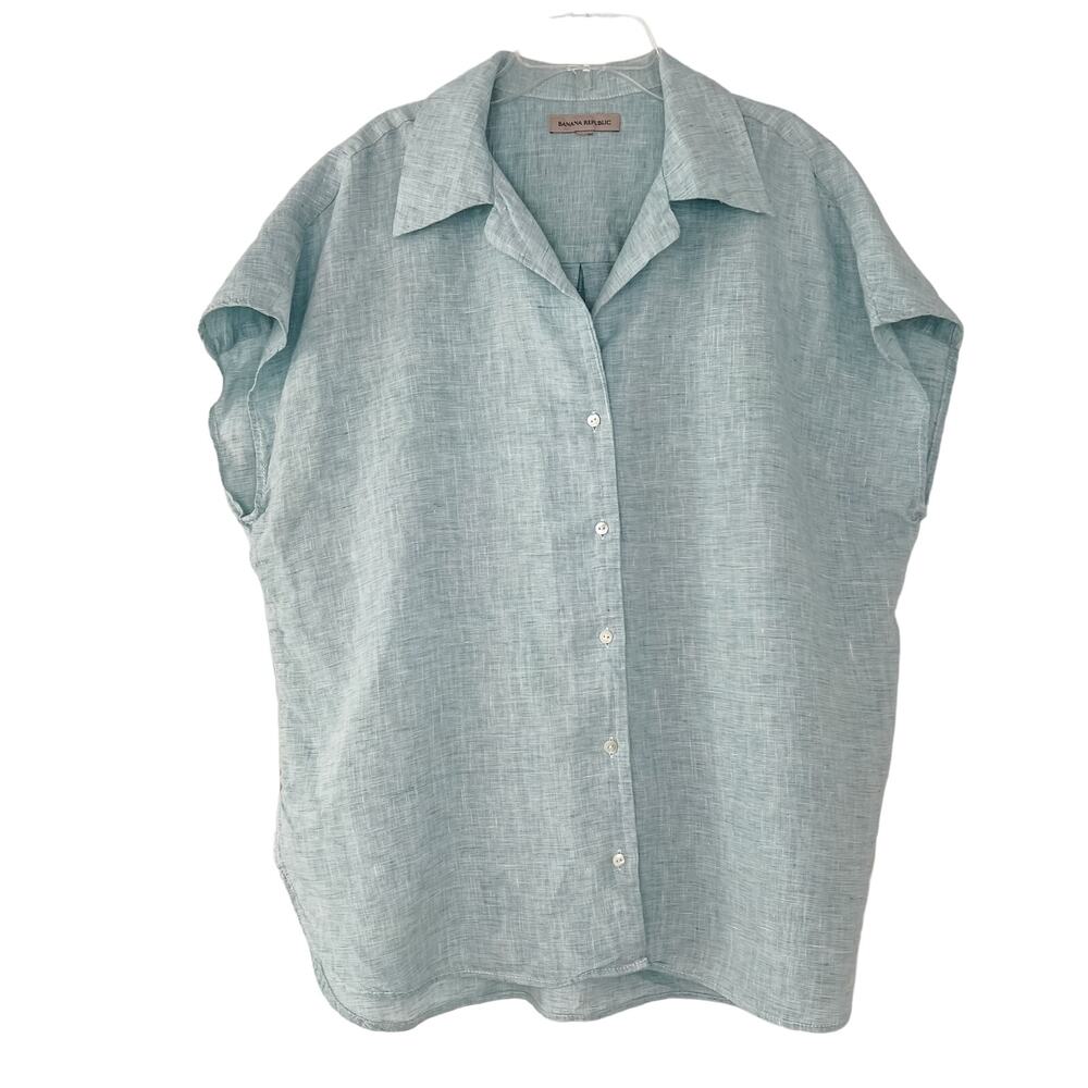 Banana Republic blue linen sleeveless womens button down oversize shirt large